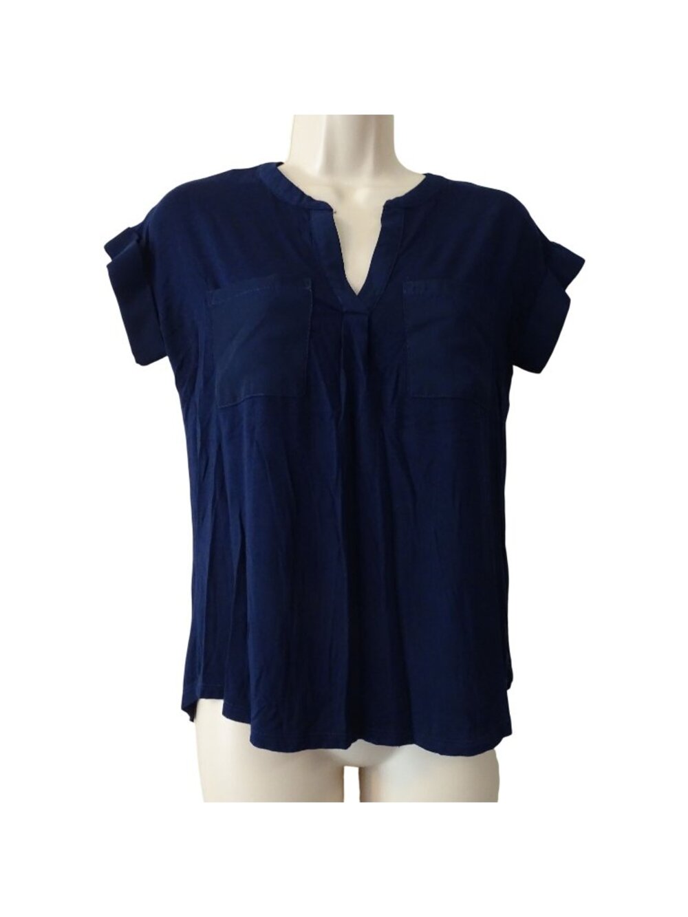 Cable and Gauge Blue Short Sleeve Split Neck Knit Top Back Button Women Size XS